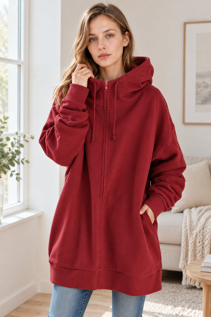 Women's solid hooded zip hoodie with long sleeves and ribbed trims