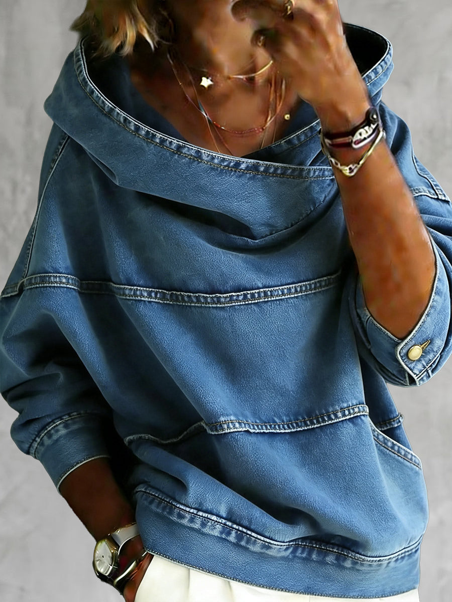 Women's blue hooded sweatshirt with long sleeves, seam detailing and front pouch pocket