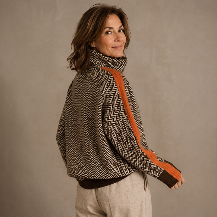 Women's herringbone turtleneck jumper with contrast sleeve trim