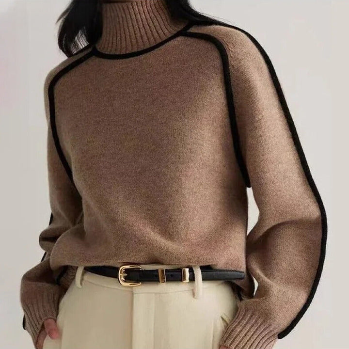 Women's turtleneck sweater with black contrast piping and long sleeves