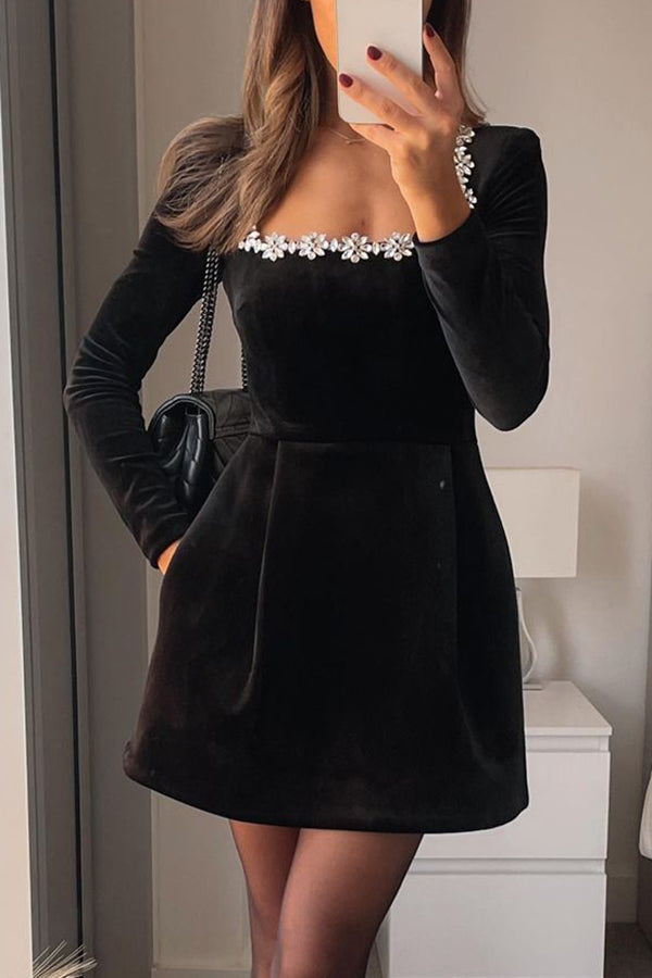 Women's velvet mini dress with square neckline and jewel trim
