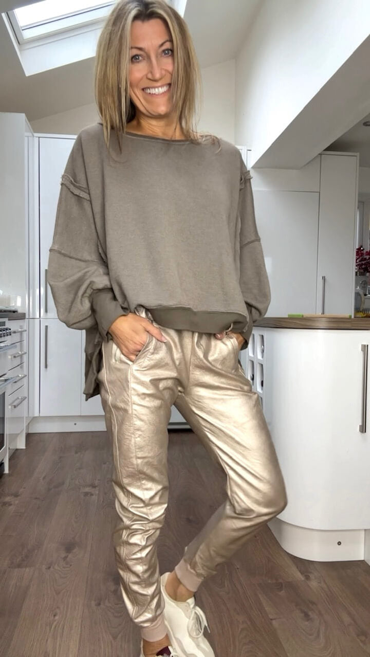 Women's casual sweatshirt top with round neckline and metallic leather pants set