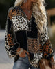 Women's long-sleeve patchwork animal print blouse with V-neckline