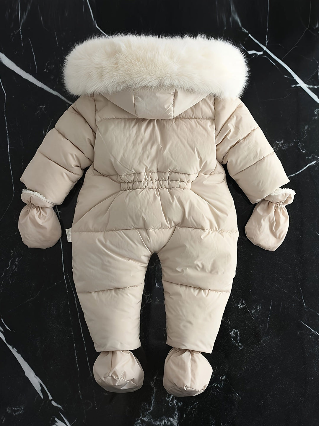 Quilted hooded baby snowsuit with fur trim, enclosed feet and matching mittens