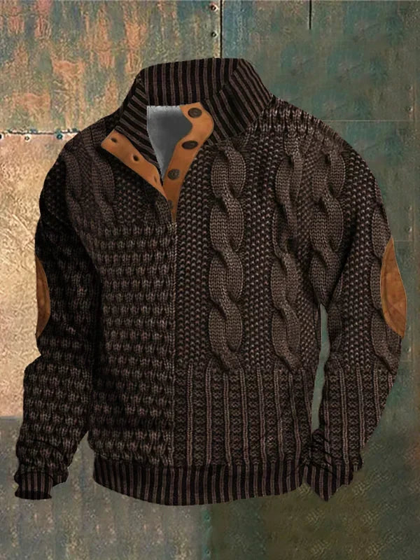 Men's textured cable knit jumper with mock neck and button detail