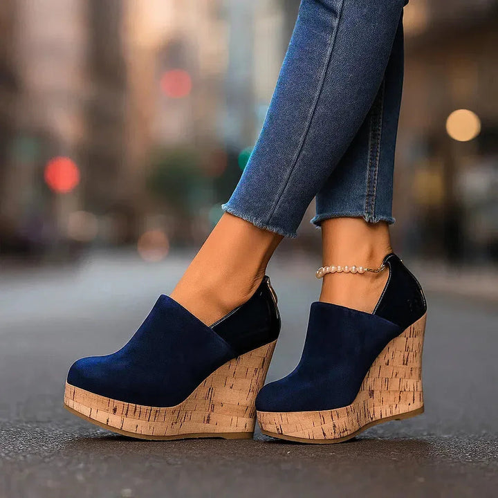 Women's platform wedge ankle booties with textured cork-look soles