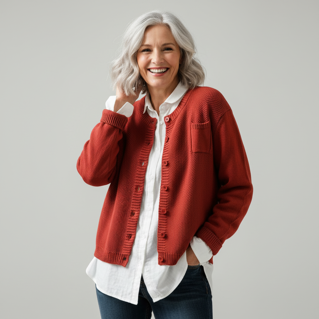 Women's textured knit cardigan with button front and patch pockets