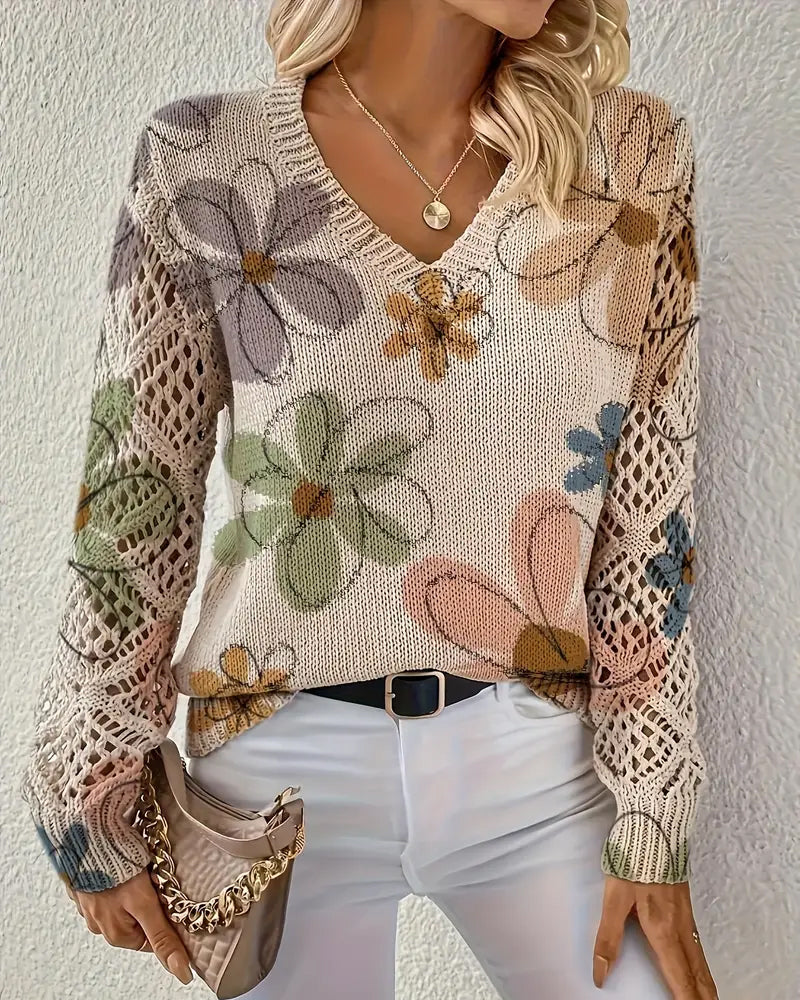 Women's multicoloured floral openwork knit sweater with V-neck and long sleeves