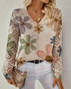 Women's multicoloured floral openwork knit sweater with V-neck and long sleeves