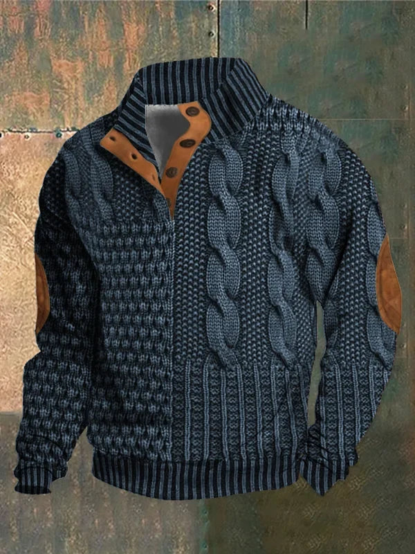 Men's textured cable knit jumper with mock neck and button detail