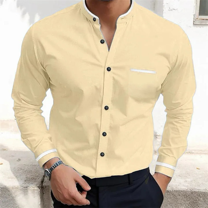 Men's long sleeve grandad collar shirt with chest pocket