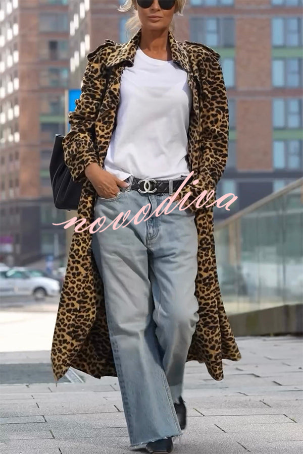 Women's long leopard print midi trench coat with long sleeves