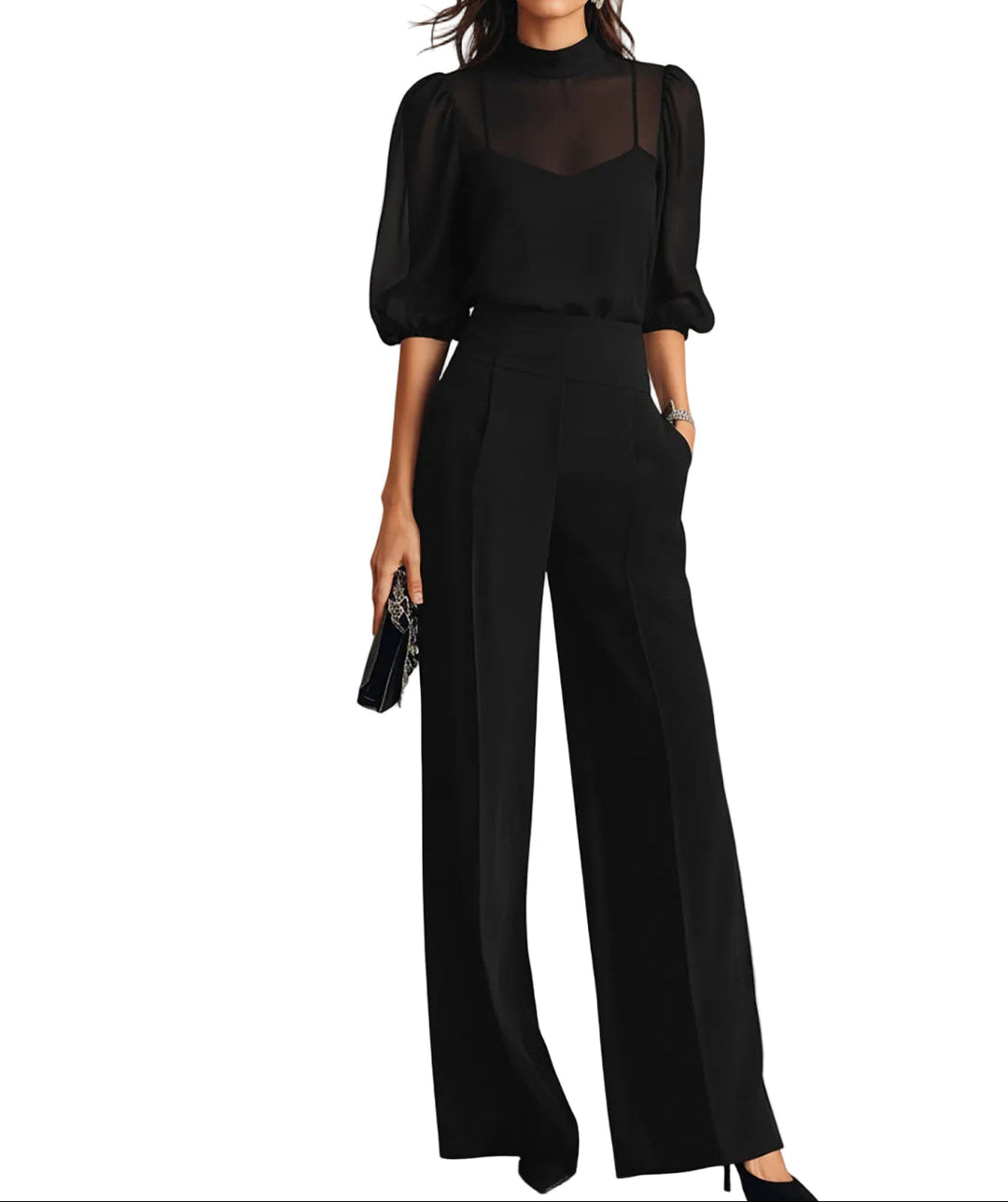 Women's three-piece set with sheer puff-sleeve top, fitted camisole and wide-leg trousers, shown in black and navy blue.