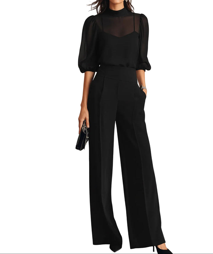 Women's three-piece set with sheer puff-sleeve top, fitted camisole and wide-leg trousers, shown in black and navy blue.