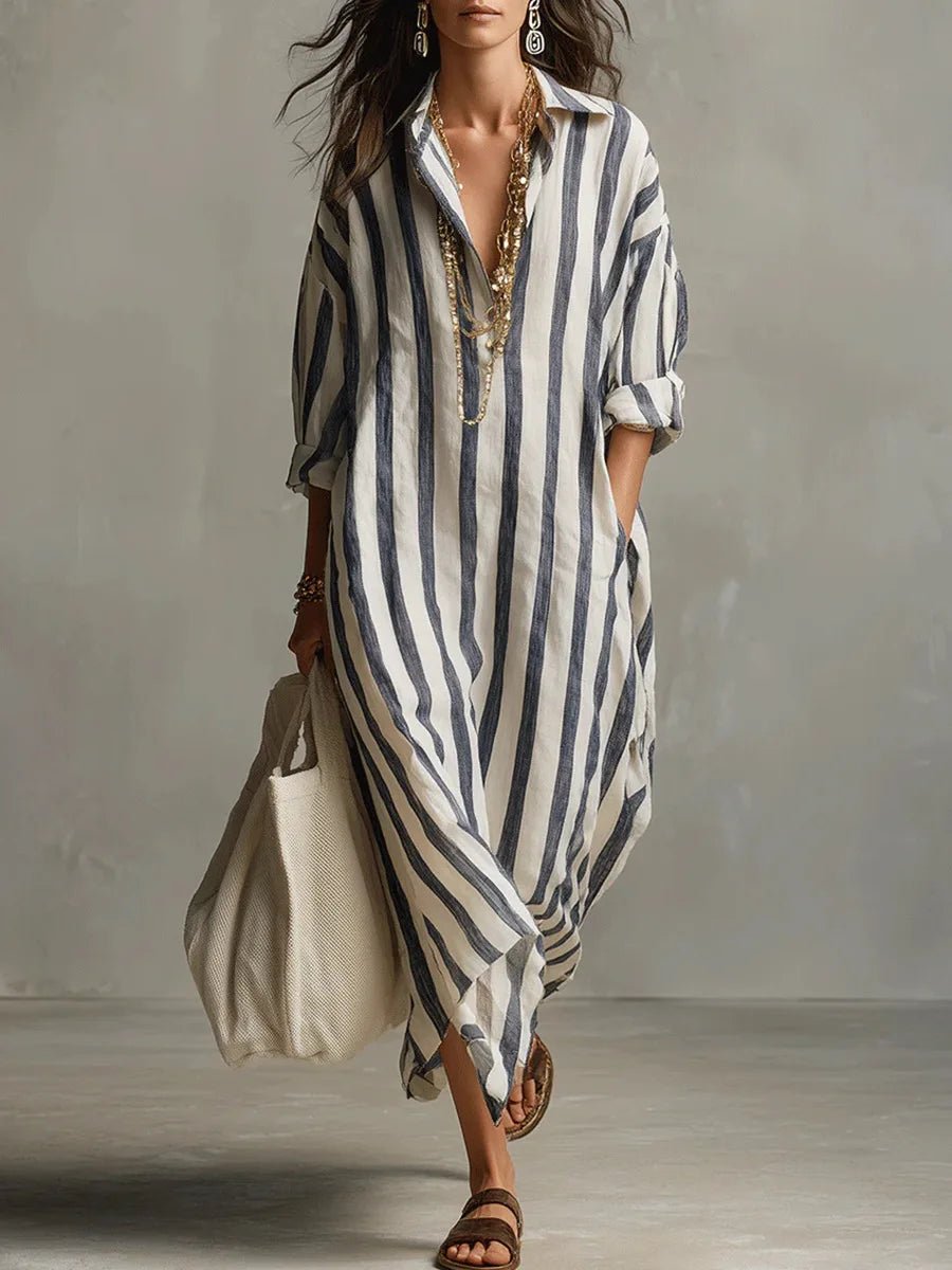 Women's striped linen oversized maxi shirt dress