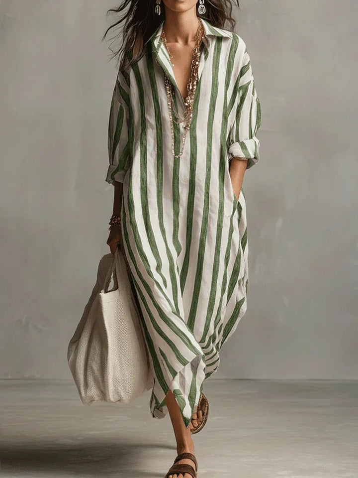 Women's striped linen oversized maxi shirt dress