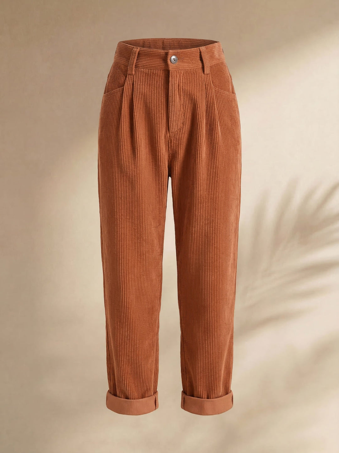 Women's high-waisted corduroy trousers with straight legs and rolled cropped cuffs
