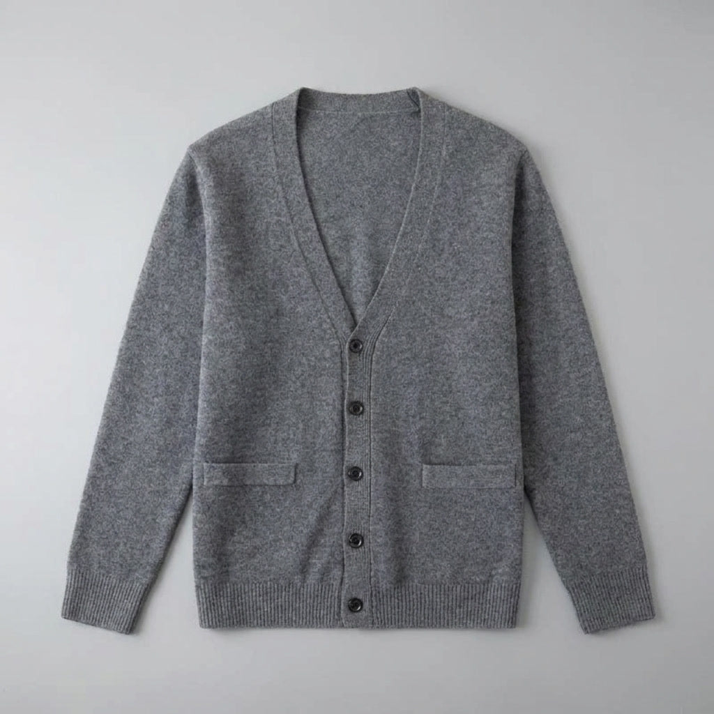 Unisex V-neck cardigan with long sleeves, button front and two patch pockets