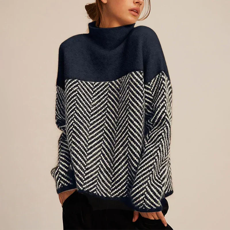 Women's mock neck jumper with contrast panel and chevron pattern