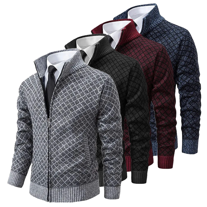 Men's textured diamond zip sweater with stand collar