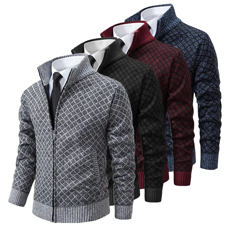 Men's textured zip sweater with stand collar and ribbed trims