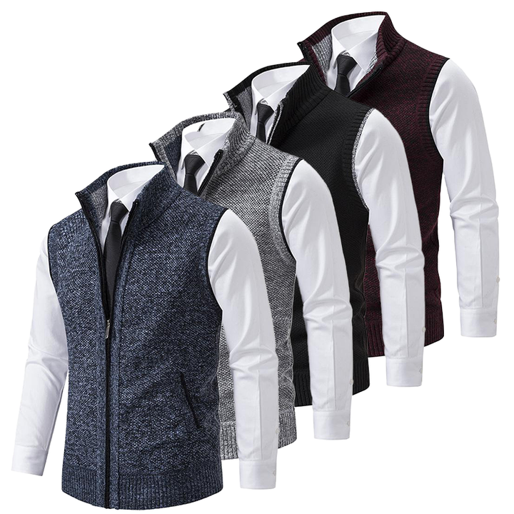 Men's textured sleeveless gilet with stand collar, front zip and zipped pockets
