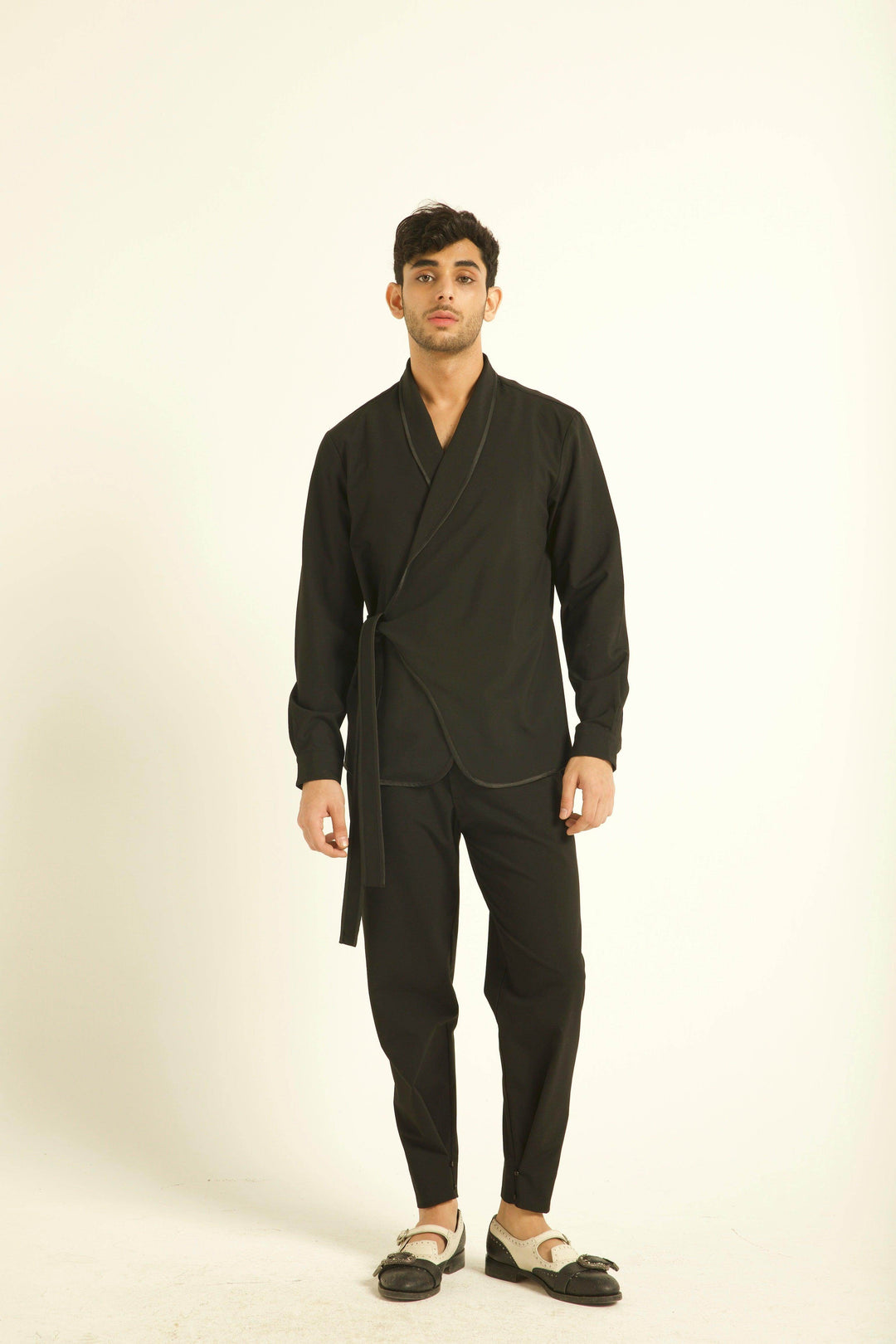 Men's black wrap shirt jacket with tie waist