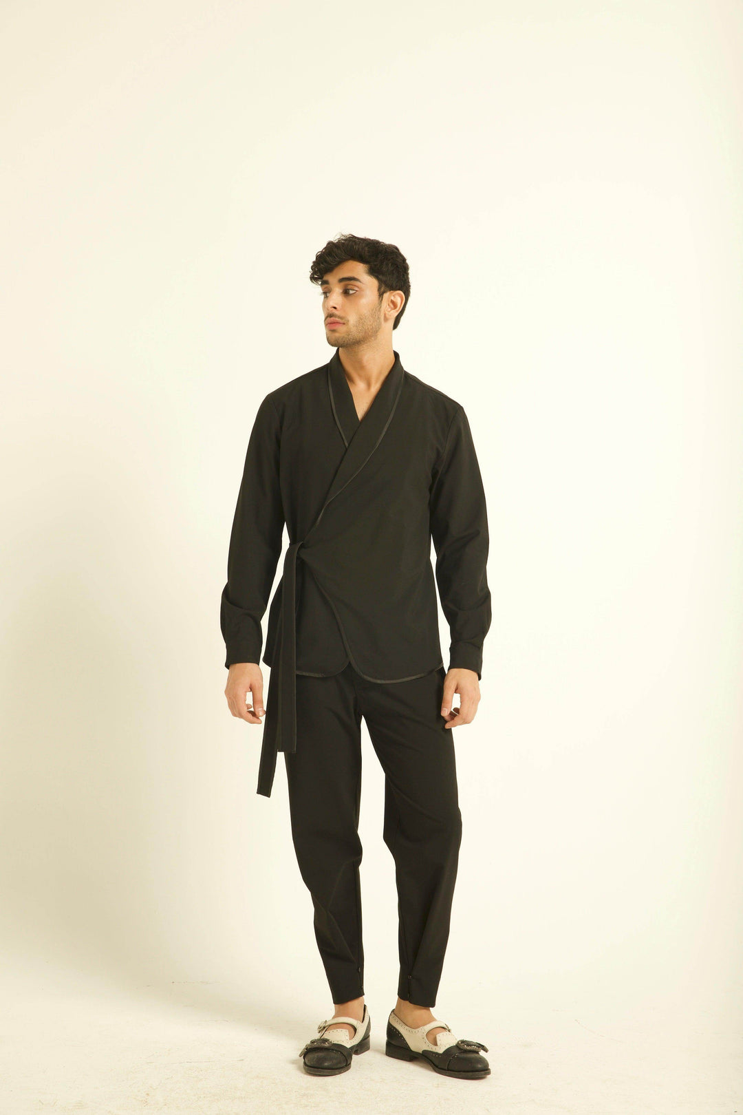 Men's black wrap shirt jacket with tie waist