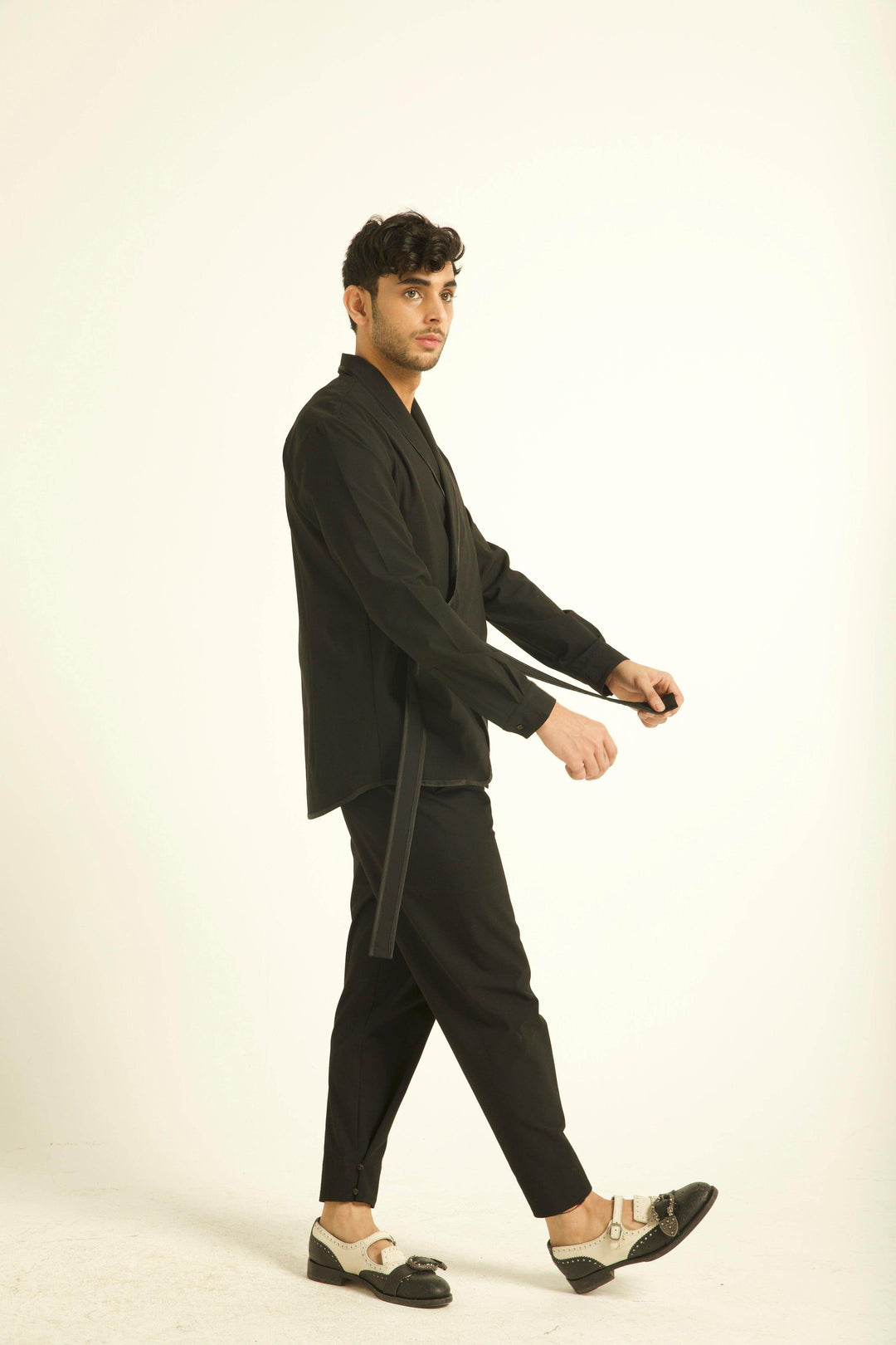 Men's black wrap shirt jacket with tie waist