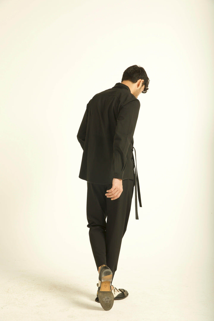 Men's black wrap shirt jacket with tie waist