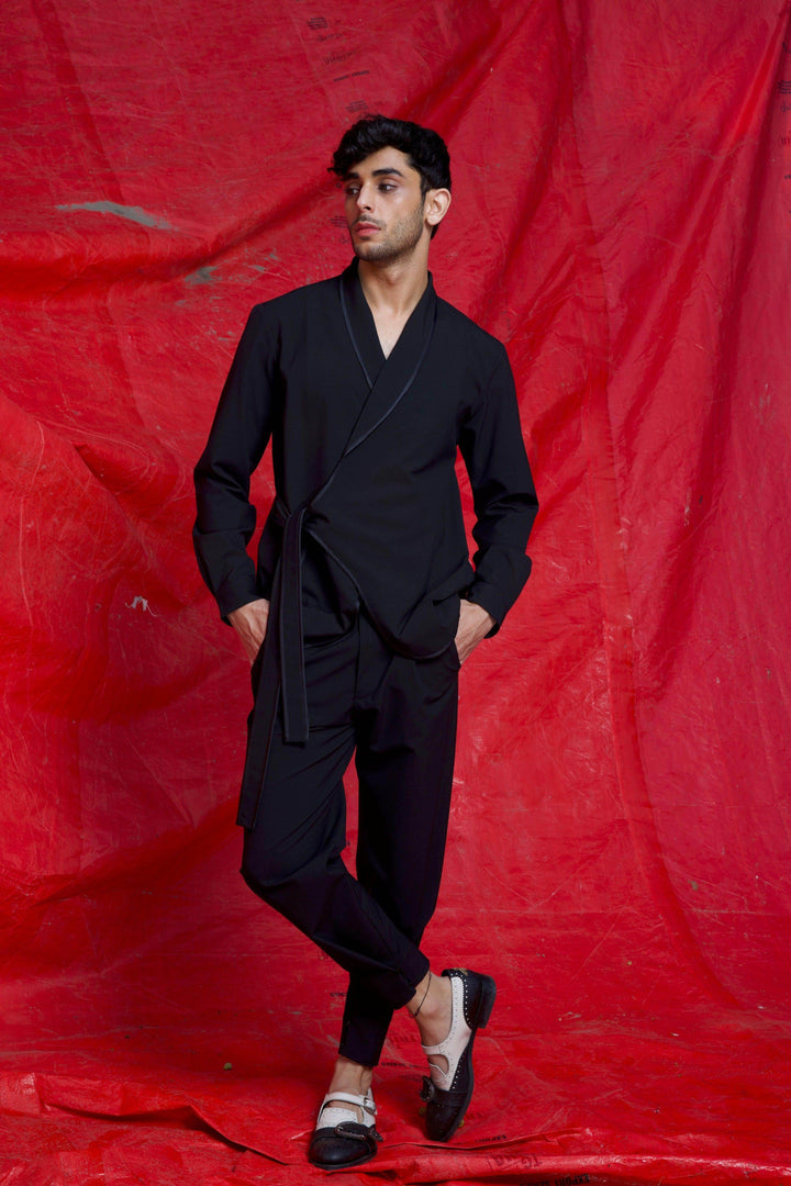 Men's black wrap shirt jacket with tie waist