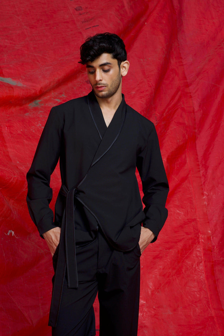 Men's black wrap shirt jacket with tie waist