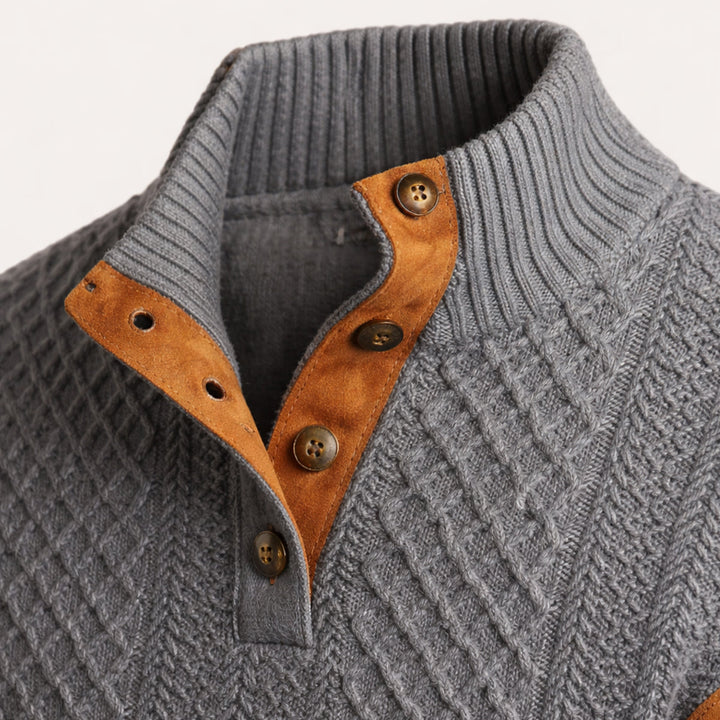 Men's textured jumper with mock neck and elbow patches