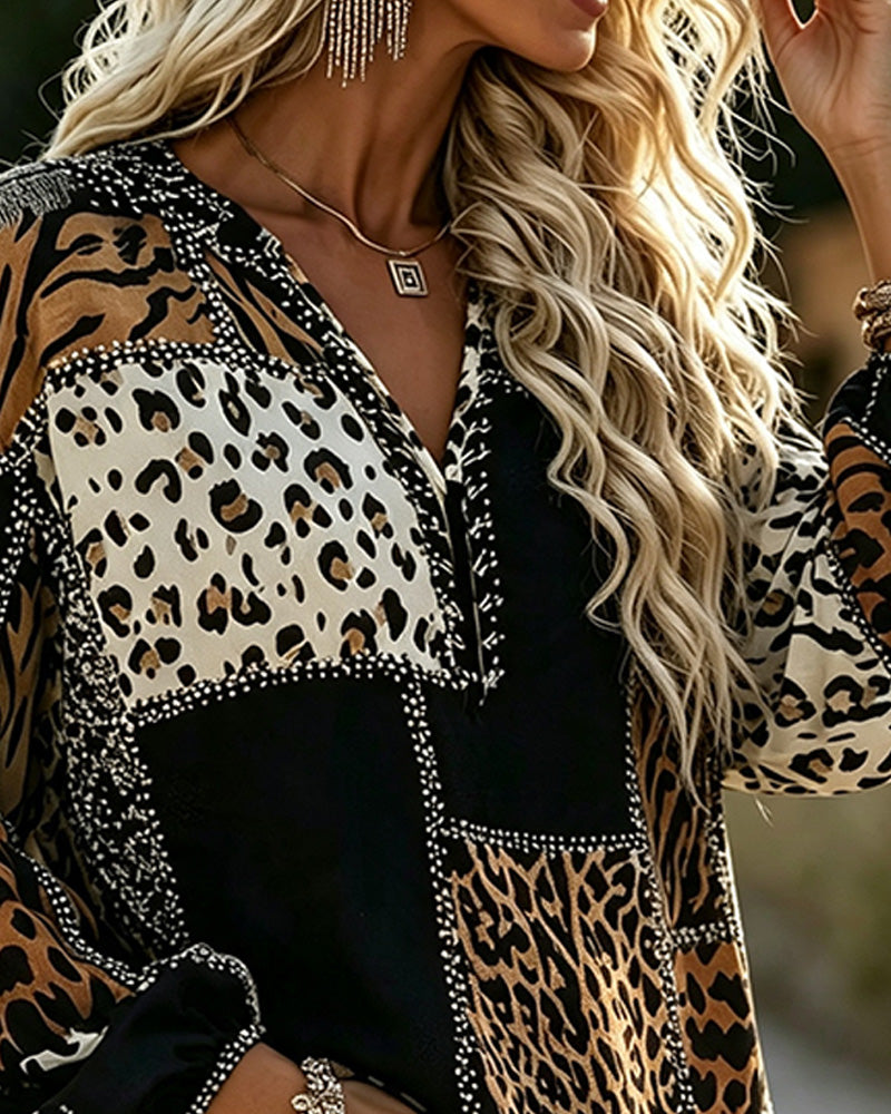 Women's long-sleeve patchwork animal print blouse with V-neckline