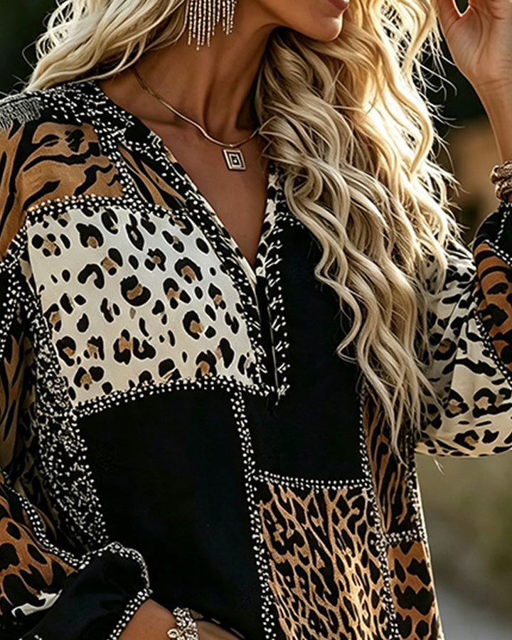 Women's long-sleeve patchwork animal print blouse with V-neckline