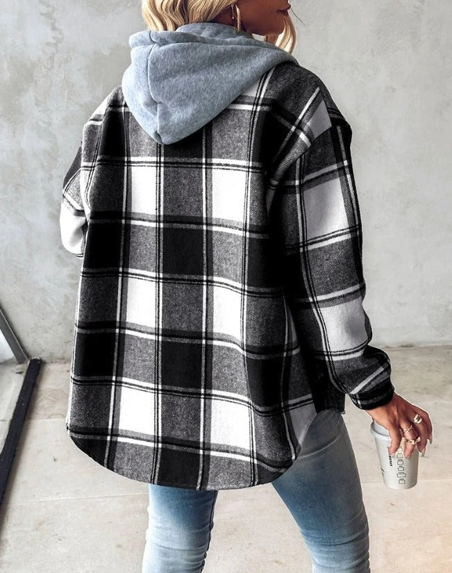 Women's green and cream plaid flannel jacket with drawstring hood and button front