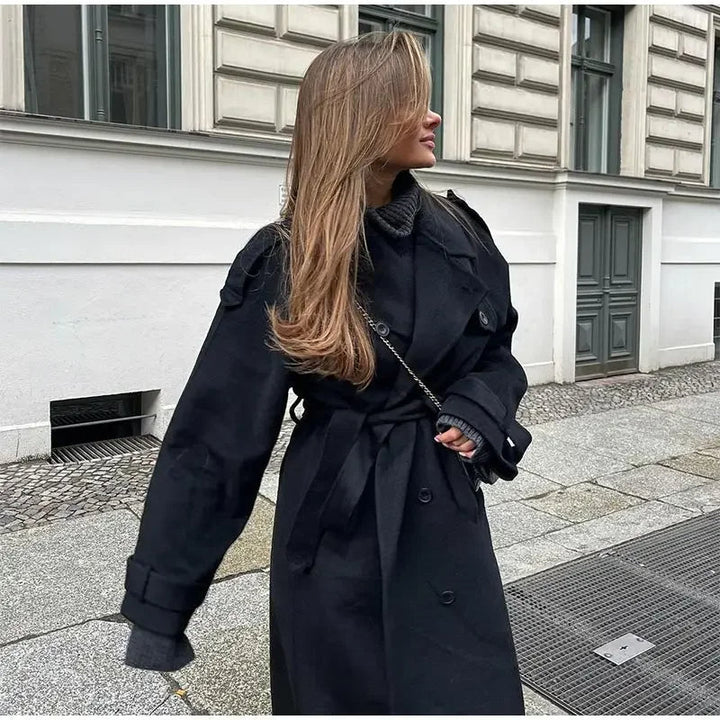 Women's black long oversized coat with wide lapels