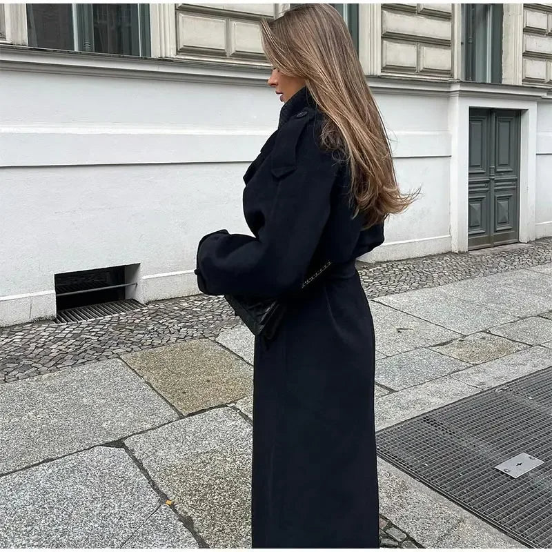 Women's black long oversized coat with wide lapels