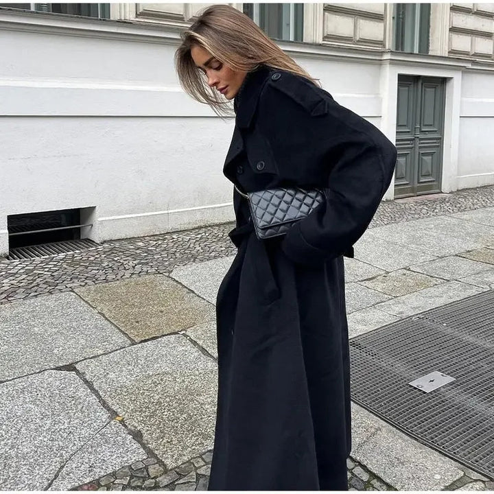Women's black long oversized coat with wide lapels