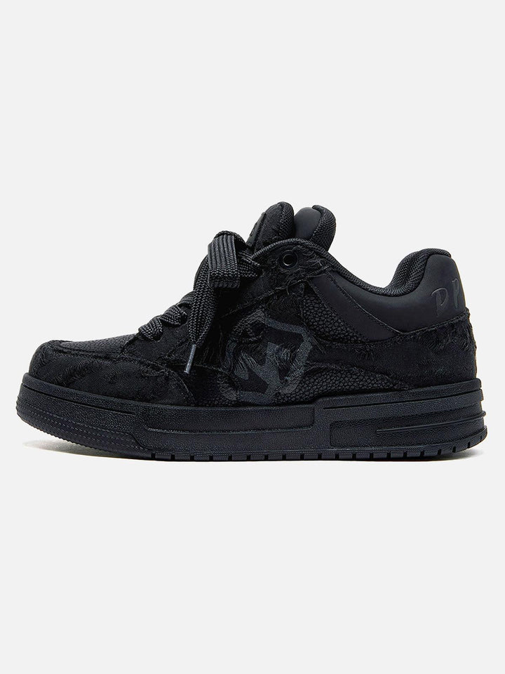 Black unisex high top trainers with lace-up fronts and camouflage panels