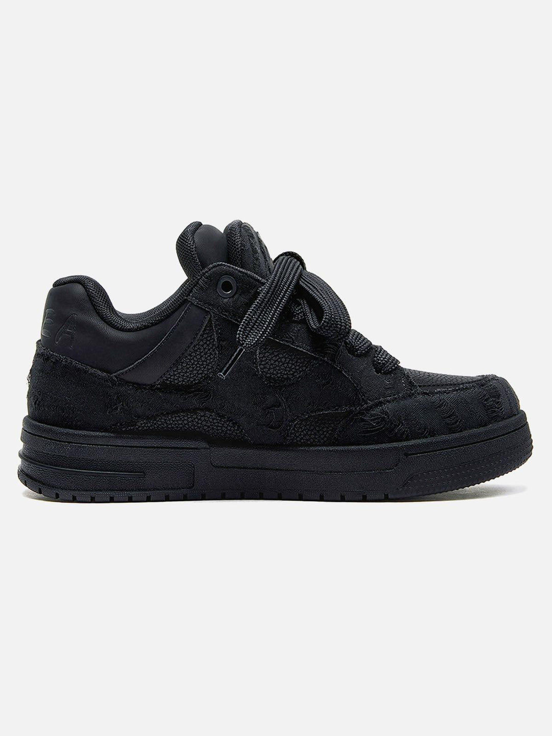 Black unisex high top trainers with lace-up fronts and camouflage panels