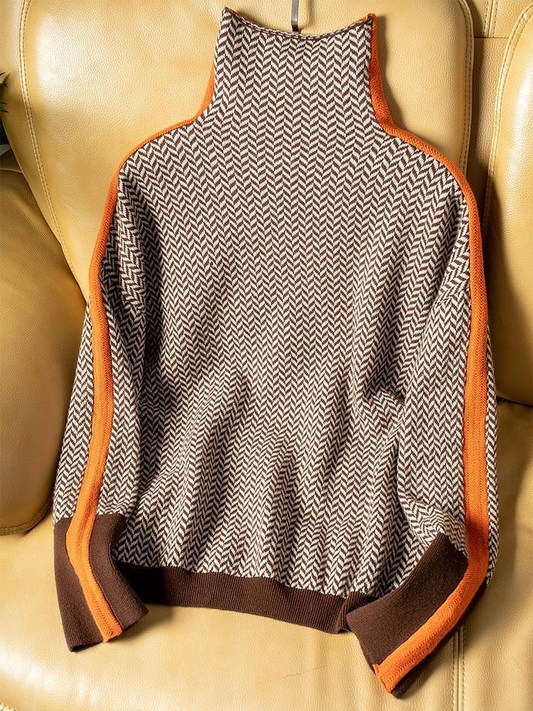 Women's herringbone turtleneck jumper with long sleeves and contrast trim