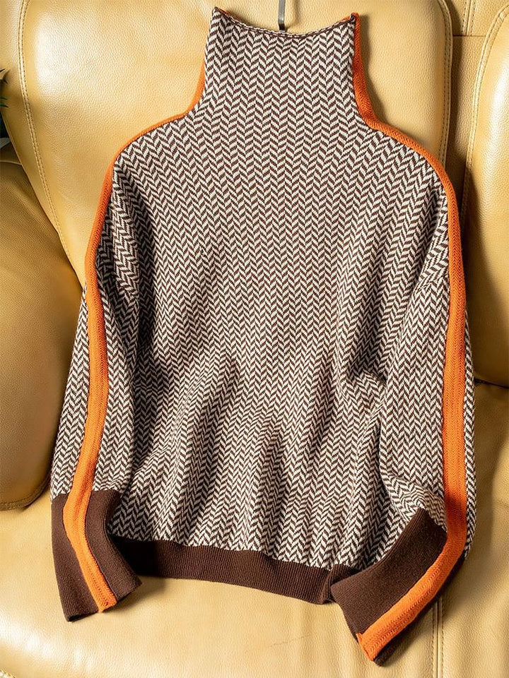 Women's herringbone turtleneck jumper with long sleeves and contrast trim