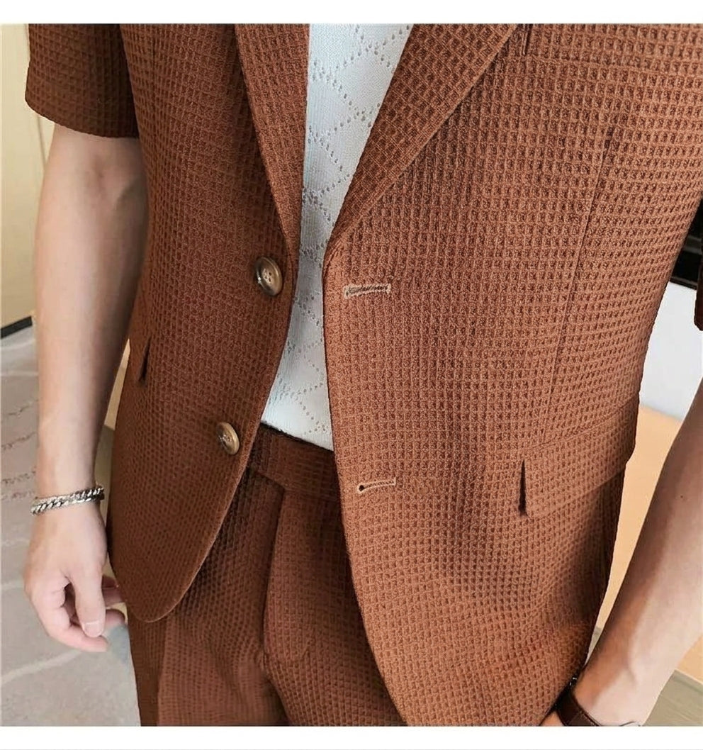 Men's rust textured short-sleeve blazer and matching shorts two-piece set