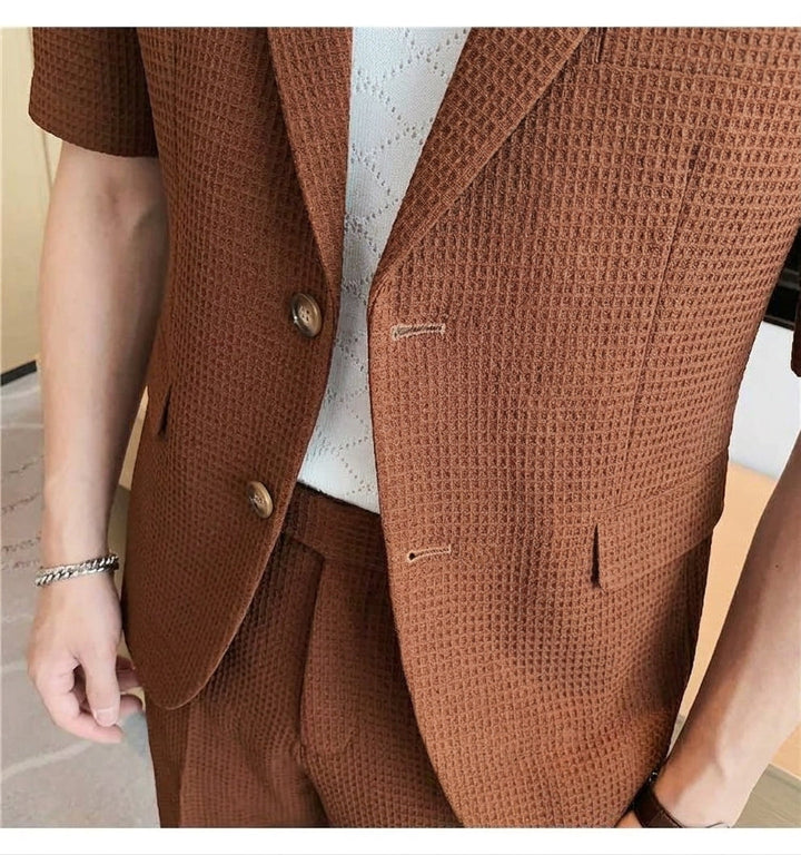 Men's rust textured short-sleeve blazer and matching shorts two-piece set