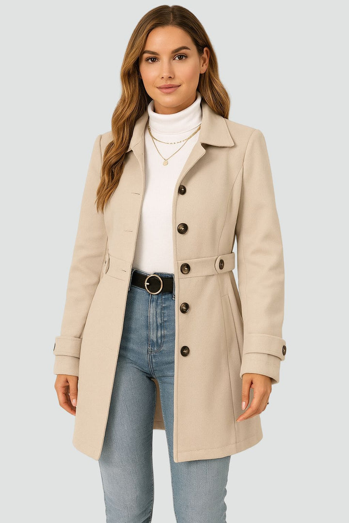 Women's tailored belted trench coat with notched lapels and long sleeves
