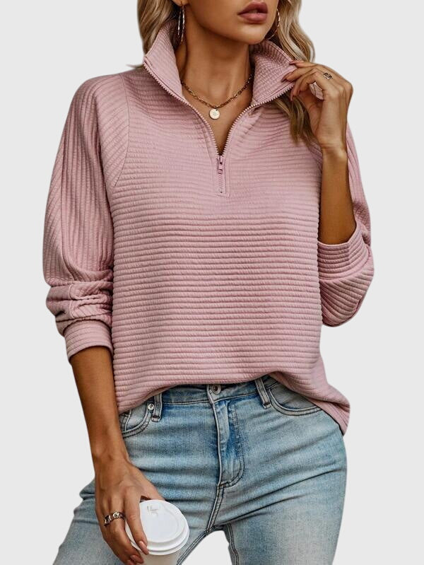 Women's ribbed quarter-zip sweater with mock collar and long sleeves