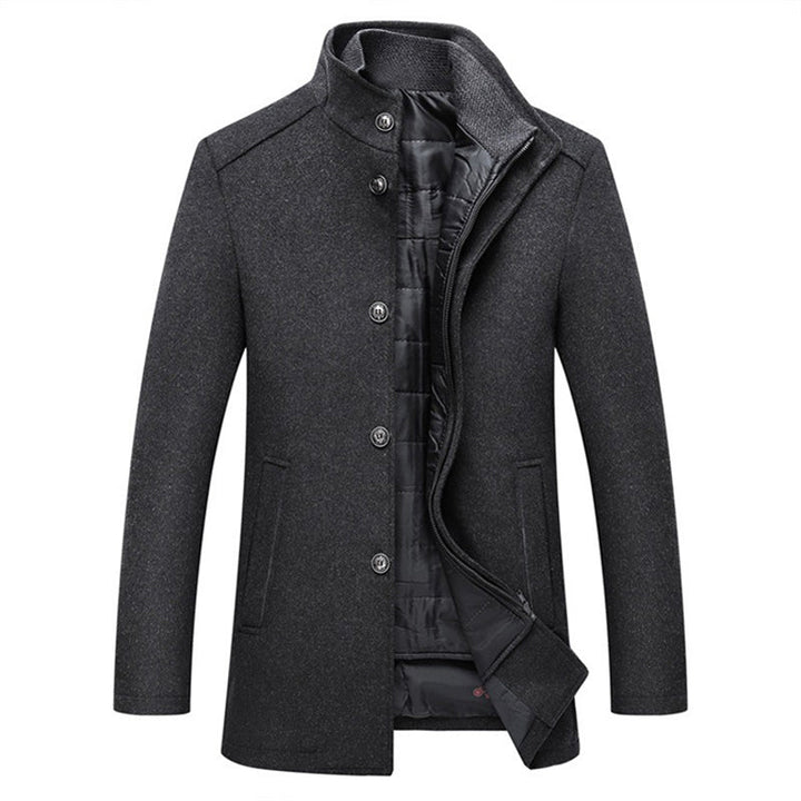 Men's structured padded coat with stand collar, buttons, zip fastening and side pockets