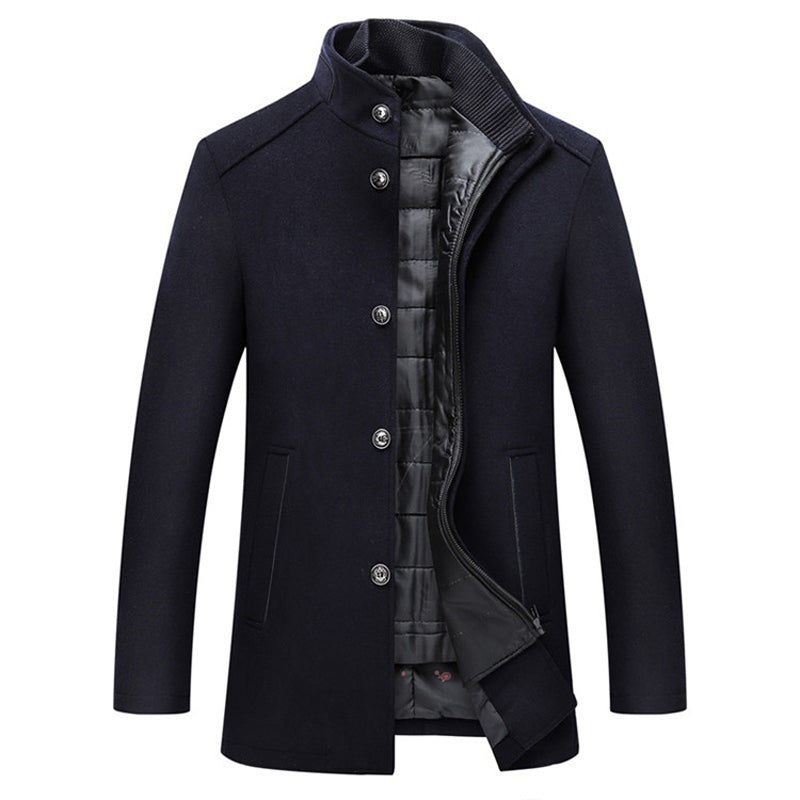 Men's structured padded coat with stand collar, buttons, zip fastening and side pockets