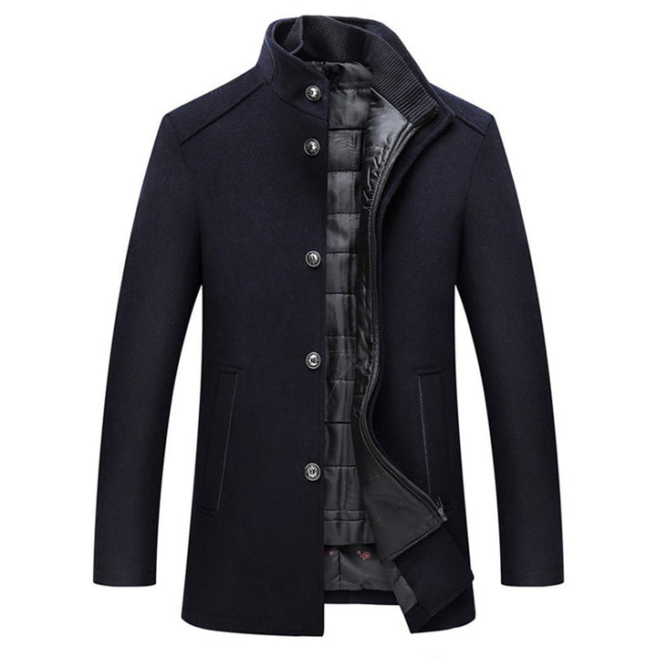 Men's structured padded coat with stand collar, buttons, zip fastening and side pockets
